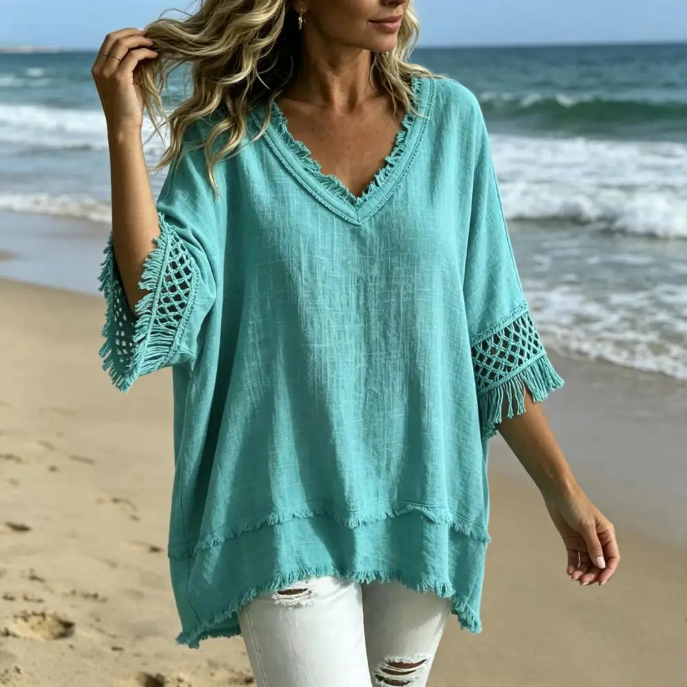 

Patchwork Lightweight Sheer Top, Fashion Summer Beach Vacation Bikini Cover-Up, Casual Loose-Fitting Design