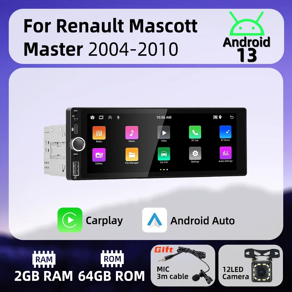 1 Din Carplay Android Auto Radio Android Car Multimedia for Renault Mascott Master 2004-2010 6.86