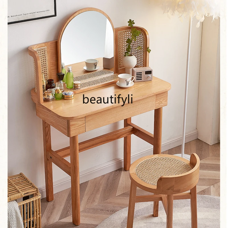 

yj Japanese-Style Ins Rattan Dressing Table Nordic Solid Wood Makeup Table Modern Simple Small Apartment