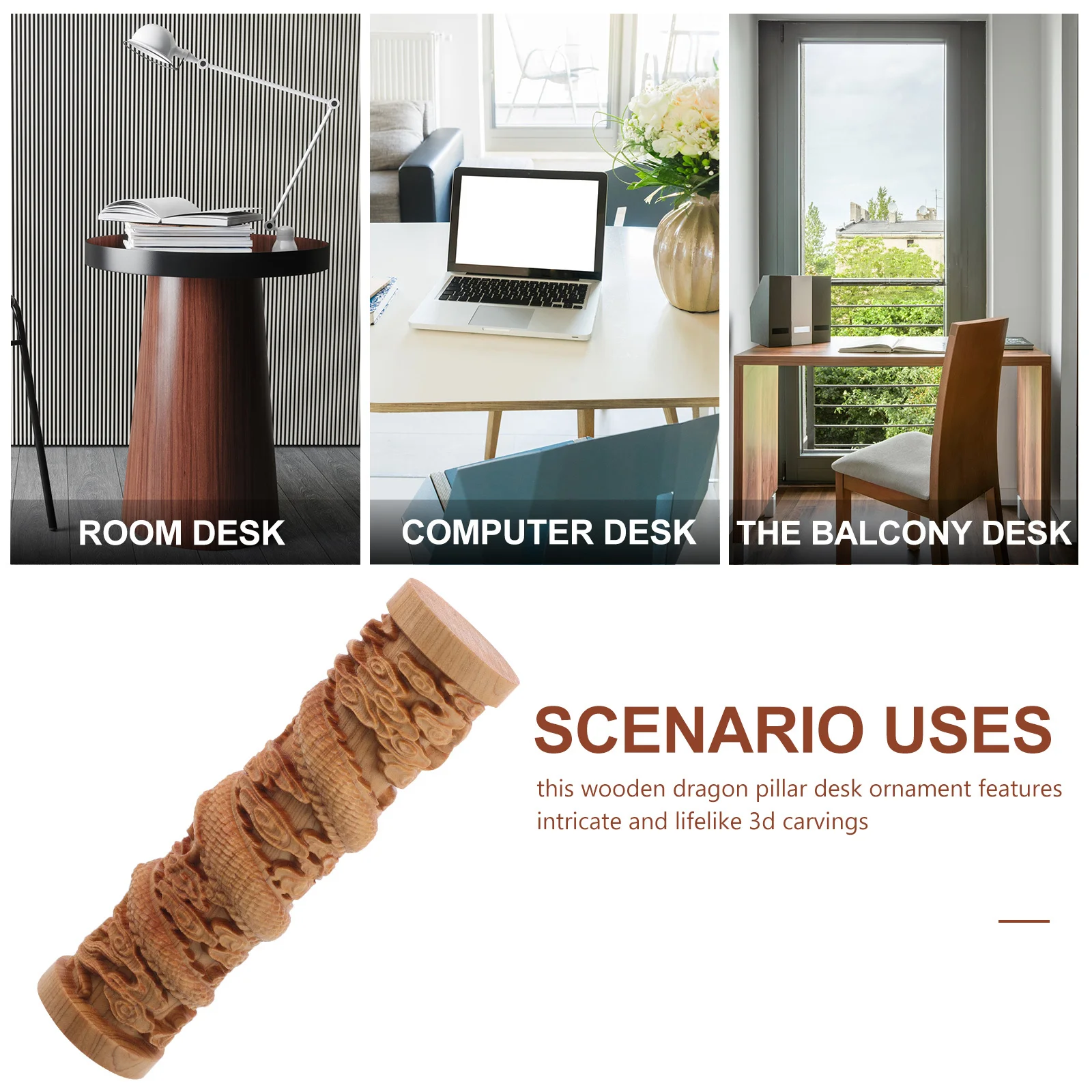 

Dragon Pillar Desk Ornament Handmade Wooden 3D Carved Chinese Zodiac Sculpture For Home Office Decor Unique Cylinder