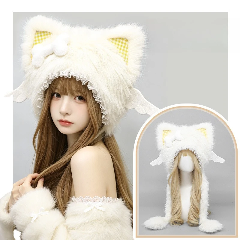 Japanese Kawaii Lolita Furry Kitty Hat Angel Wings & Devil Horns,Y2K Goth Punk Winter Warm Earmuffs Hood Hat, Party Cosplay Hat