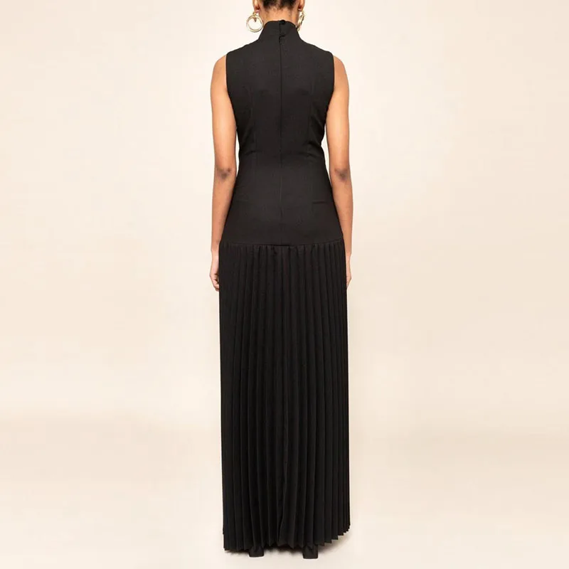 女性ファッションタートルネックスリムニットドレス春セクシーな中空ハイウエストプリーツロングドレス夏ノースリーブボヘミアンマキシドレス