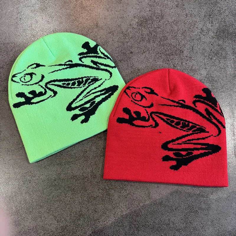 Frosch-Muster Jacquard-Mützen für Damen und Herren Frühling Herbst Winter Wärmehaltend Kaltwetter Gorras Hip-Hop Strickmütze Ski Winddichte Mütze – Detail 4