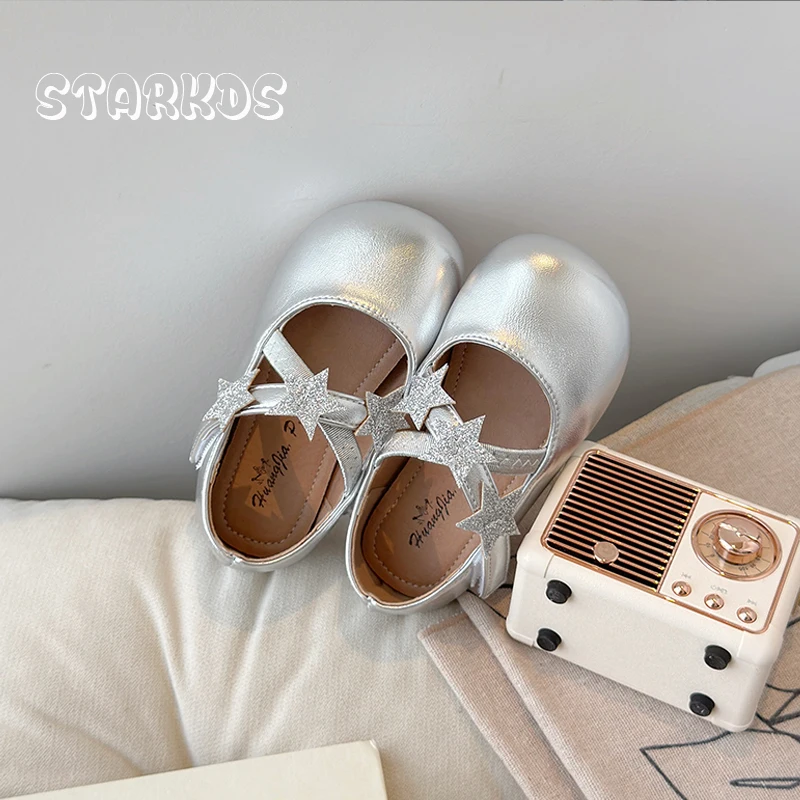 Round Toe Elastic Band Ballet Shoes Kids Girl Luxury Glitter Star Patches Mary Janes Baby Child Gold Silver Slip-on Flat Zapatos