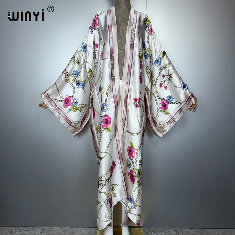 WINYI estampado boho kimono maxi ropa de playa cubrir vestido de fiesta de vacaciones abaya dubai lujo mujer musulmana moda caftán frontal abierto