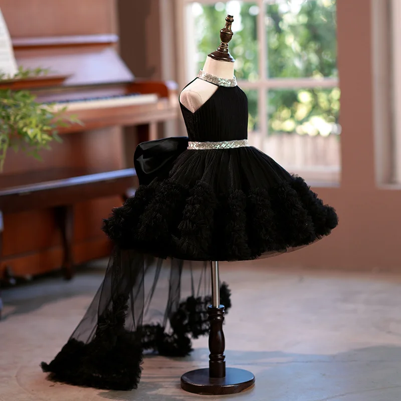 

Girls' Dress2025New Black Summer Princess Dress Children's Host Catwalk Piano Performance Costume