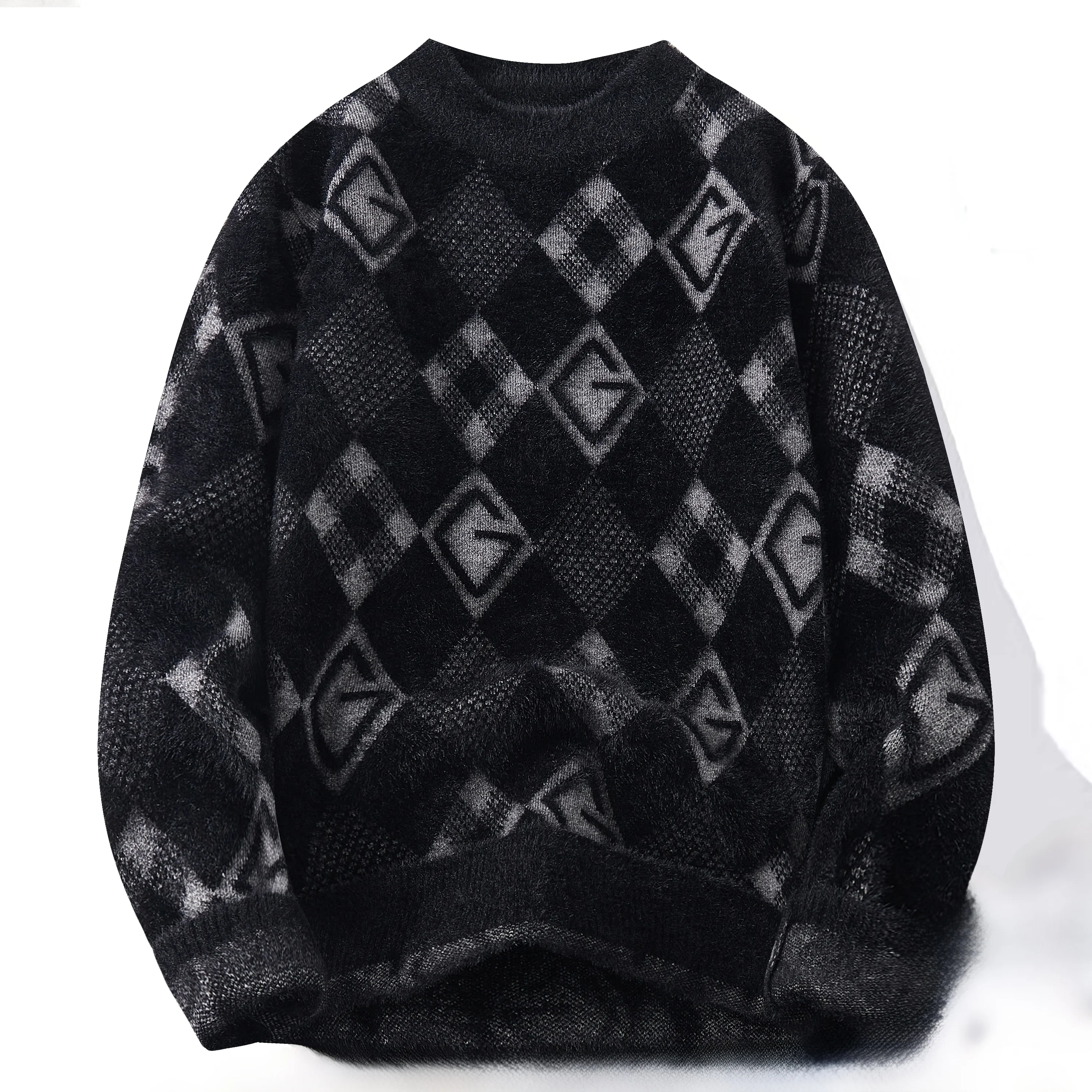 

Thiened Autumn Winter Men's Casual Knitted Sweater One-Piece Velvet Base irt Anti-Ball Ci Walk Polyester Fiber Long Sve