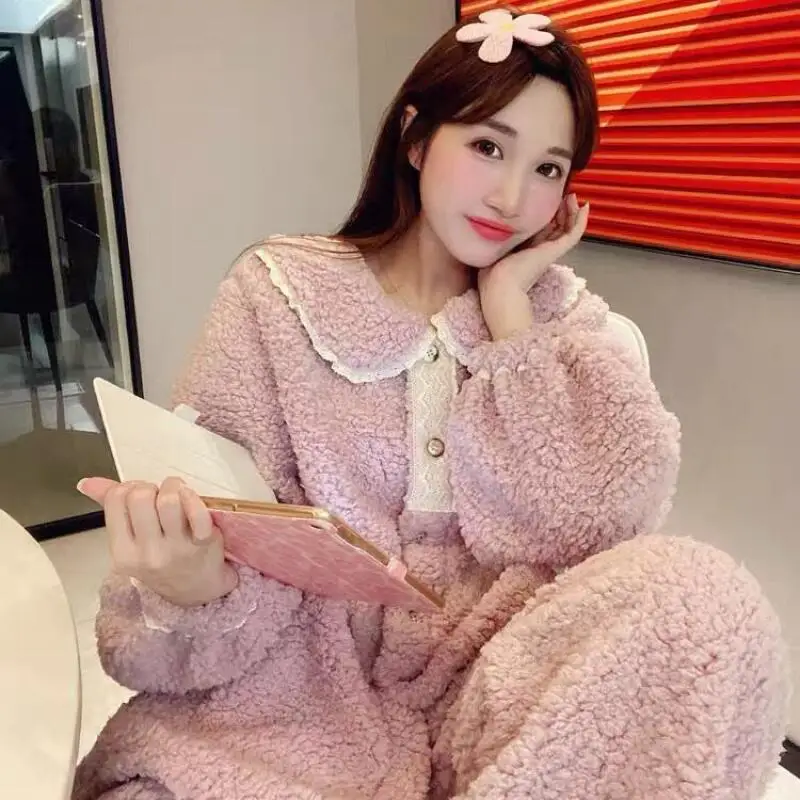 Hot Minimalist Lamb Fleece Leisure Wear Winter Thicken Cute Sweet Long Sleeves Loungewear Set Two-Piece Set Dopamine New Style