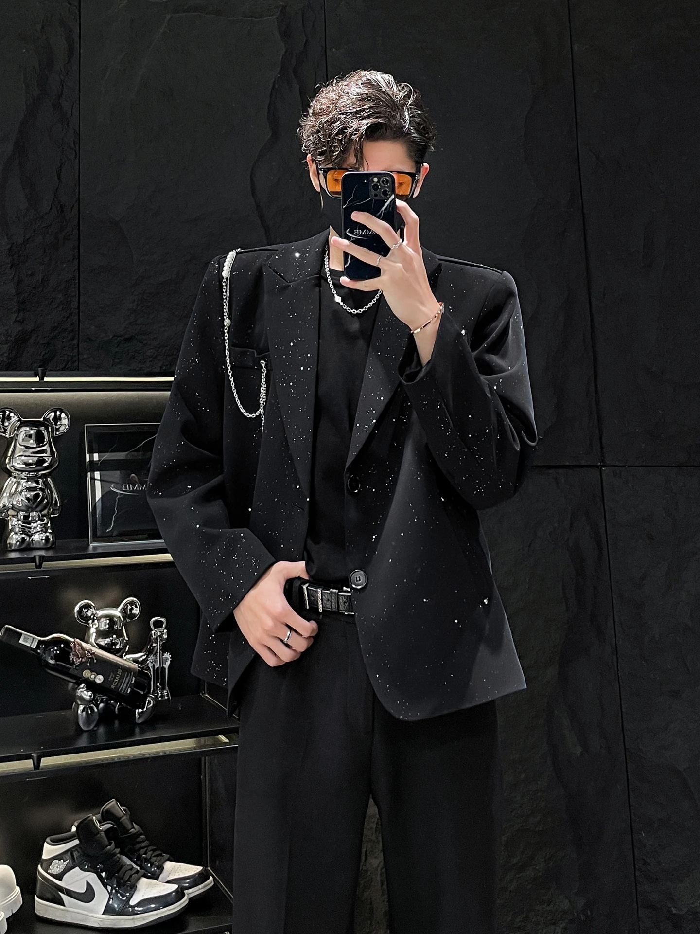 

Повседневный костюм с жемчужной подвеской Jaet для мужчин от HOMME, блестящая ткань, молодежное металлическое украшение, нет глажки