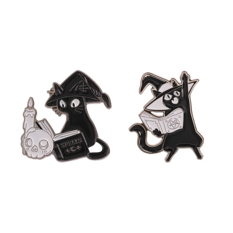 Wizard Magic Black Cat Study Spell Book Enamel Pin Mystical Wizard Cat Spellcasting Magic Brooch Bags Lapel Badge Jewelry Gifts