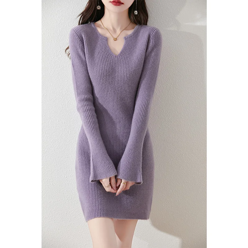 Women Medium Length Style Morning Glory Sleeve Dress Autumn Winter 100% Merino Wool V Neck Slim Solid Knitwear Popular Clothing