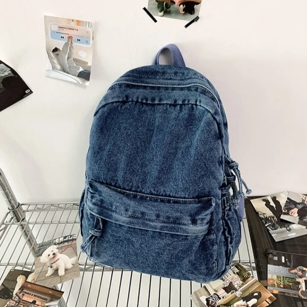Casual Vintage Denim Backpack Street Style Large Capacity Travel Backpack Solid Color School Bag for Men and Women