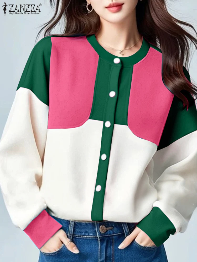 Casual Open Up Colorblock Eenvoudige Jassen ZANZEA Vrouwen Lange Mouwen Jassen 2024 Herfst Ronde Hals Outfits Mode Patchwork Tops