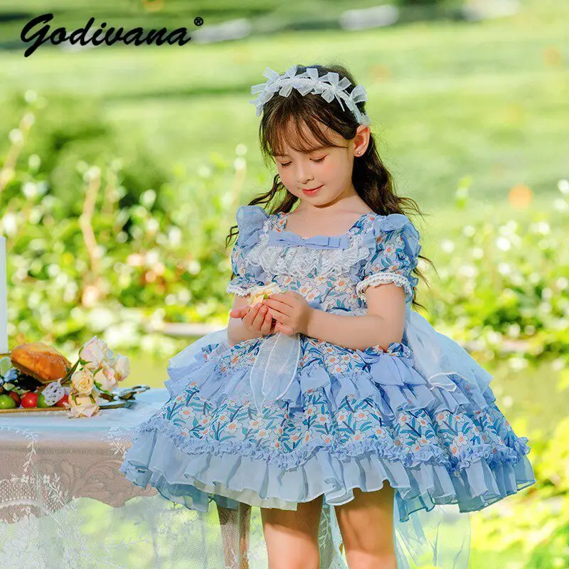 Sweet Baby Girls Chiffon Floral Heavy Embroidery Spanish Lolita Dress 2026 Summer New Puff Sleeve Square Collar Mesh Tutu Dress