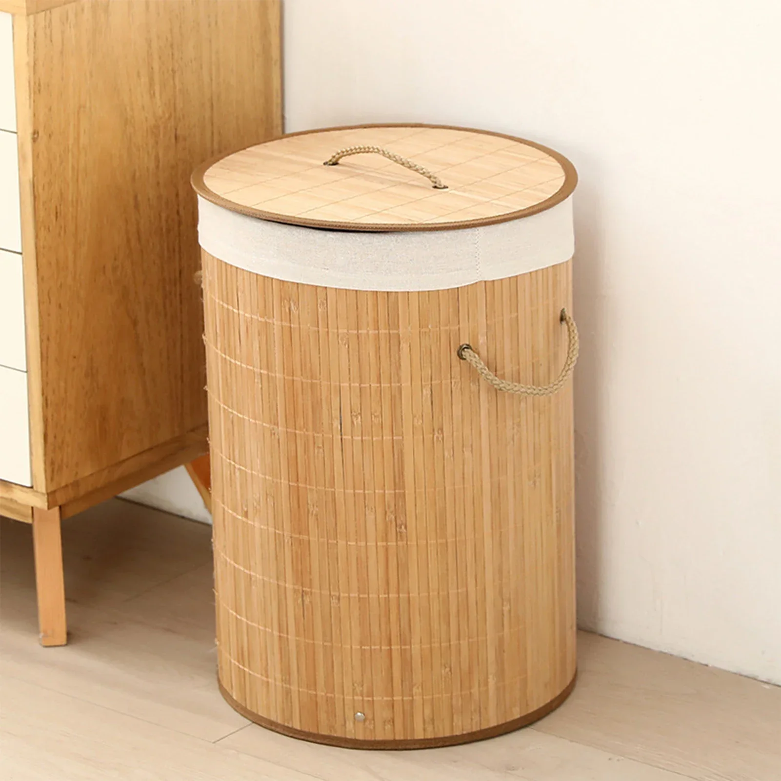 Large Capacity Foldable Laundry Basket Grocery Basket Bamboo Dirty Clothes Storage Bucket For Home Original Color Round