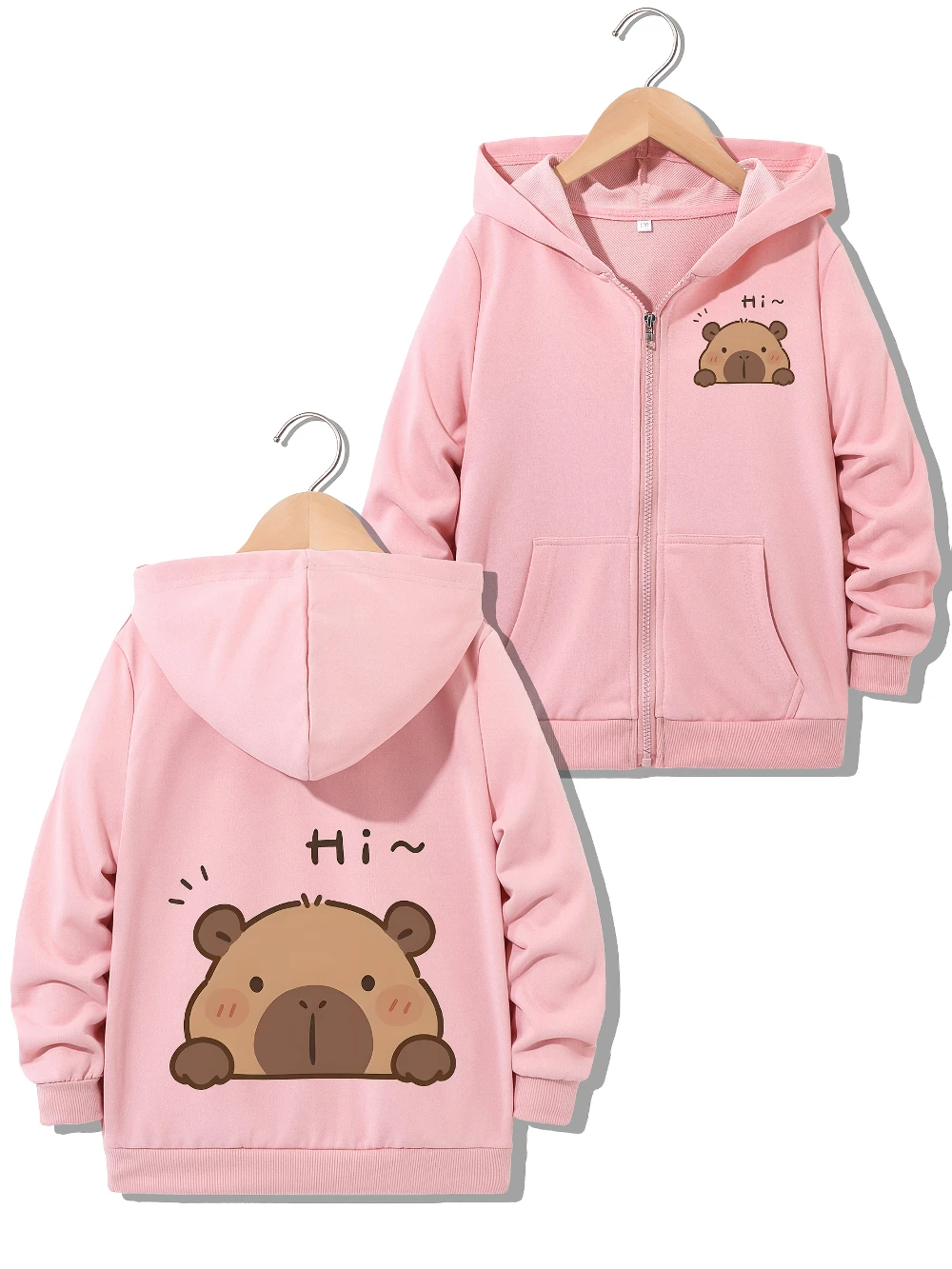 Girls Pink Cute Capybara Zip Up Hoodie Kids Teen Animal Lover Printed Sweatshirt Cardigan Coat Present Gift