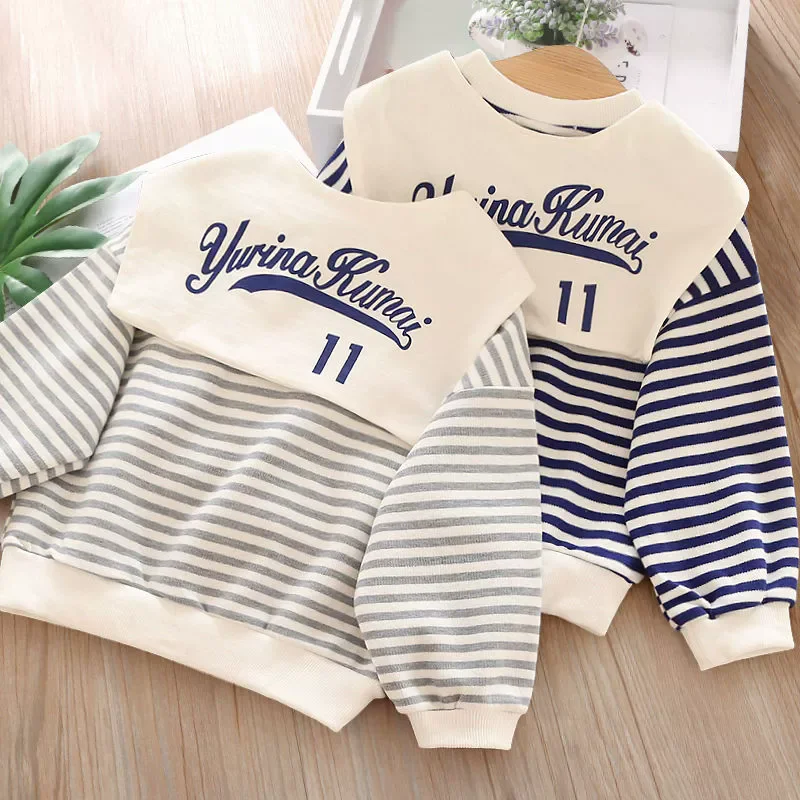 2025 New Kids Striped Sweatshirt Autumn Spring Boys Girls Loose Casual Pullover Unique Design Long Sleeve Tops Children Clothes