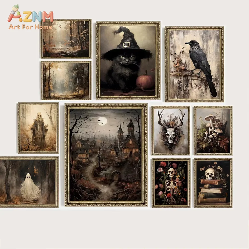 AZNM Dark Witch's Black Cat Wall Art Poster Halloween Gothic Crow Haunted House Canvas Printmaking Living Room Home Autumn Decor