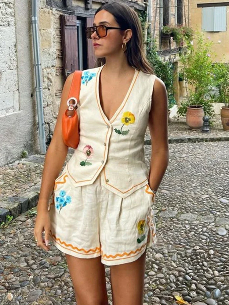 Fato de linho de algodão feminino com 2 peças, colete com decote em v, bordados florais, shorts contrastantes, roupas femininas, férias de verão,