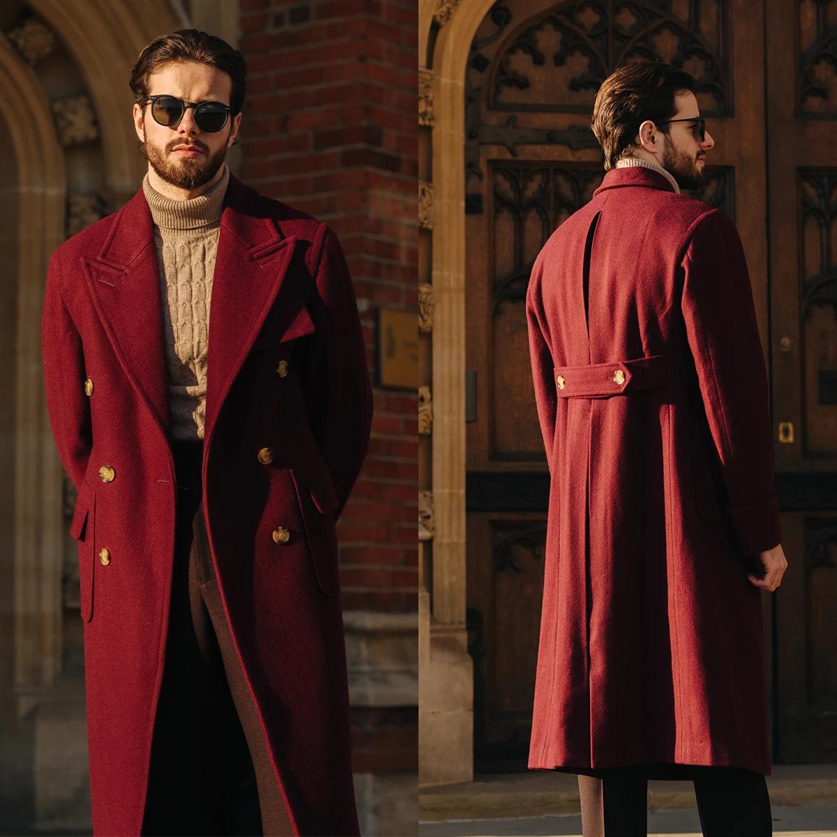 Autumn Winter Woolen Coat For Men Peak Lapel Groom Wear Slim Fit Windbreak Tuxedos Overcoat Business Office Only Long Jacket