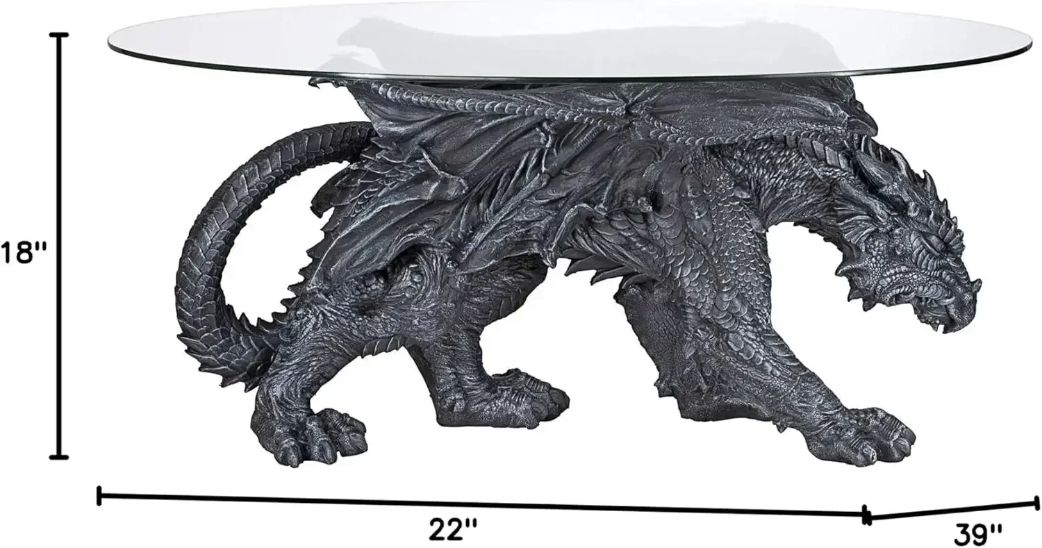 Mesa de centro com cobertura de vidro Warwickshire Dragon Gothic Decor, 39 polegadas, poliresina, pedra cinza