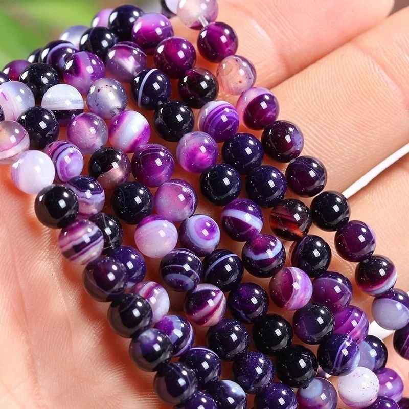 15inch Natural Stone Beads Purple Striped Agate Loose  Gemstone Smooth Round Spacer Bead for Jewelry Making 4/6/8/10 Mm