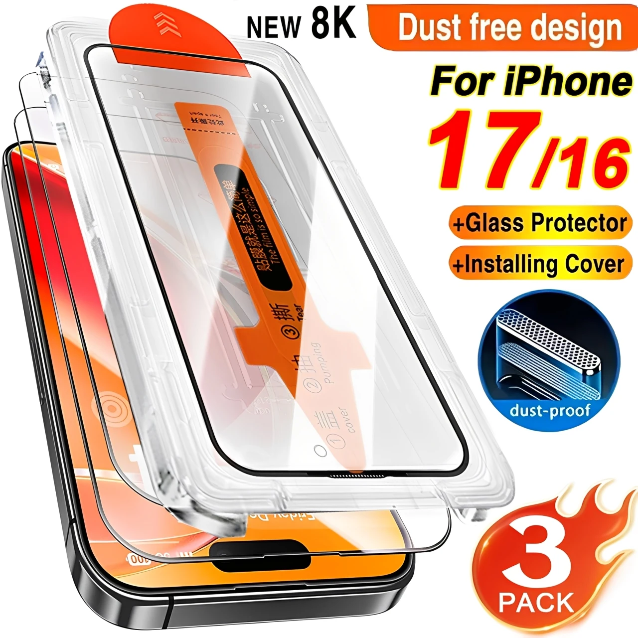 3 قطعة واقيات شاشة من الزجاج المقوى عالي الدقة لهاتف iPhone 17 16 Pro Max/17 Pro/17 Air 16 Plus تركيب مقاوم للخدش والغبار