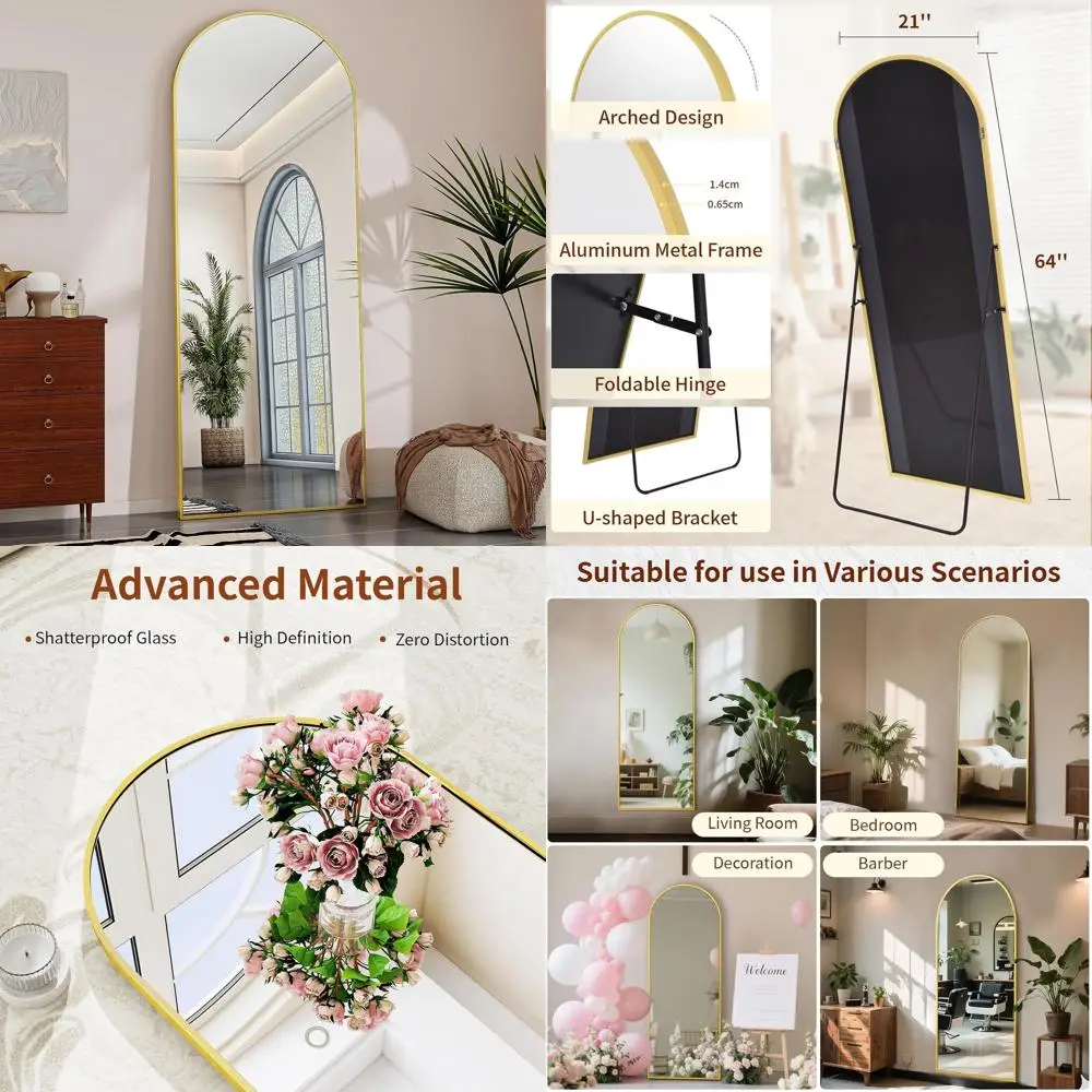 

Arched 64 x 21 Mirror, Versatile Floor or Wall Mount, Suitable for Living or Dining Rooms, Gold Finish
