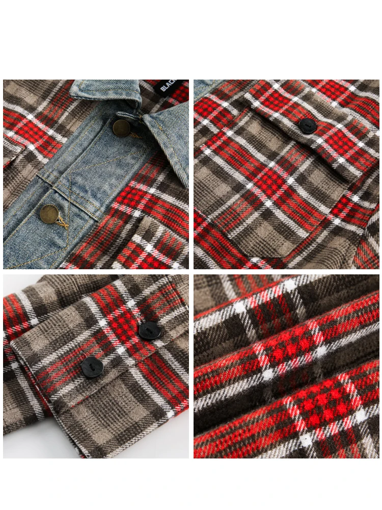 Spring Autumn American High Quality Shirt Men Vintage Checkered Denim Patchwork Long Sleeve Loose Fit High Street Trendy Jacket