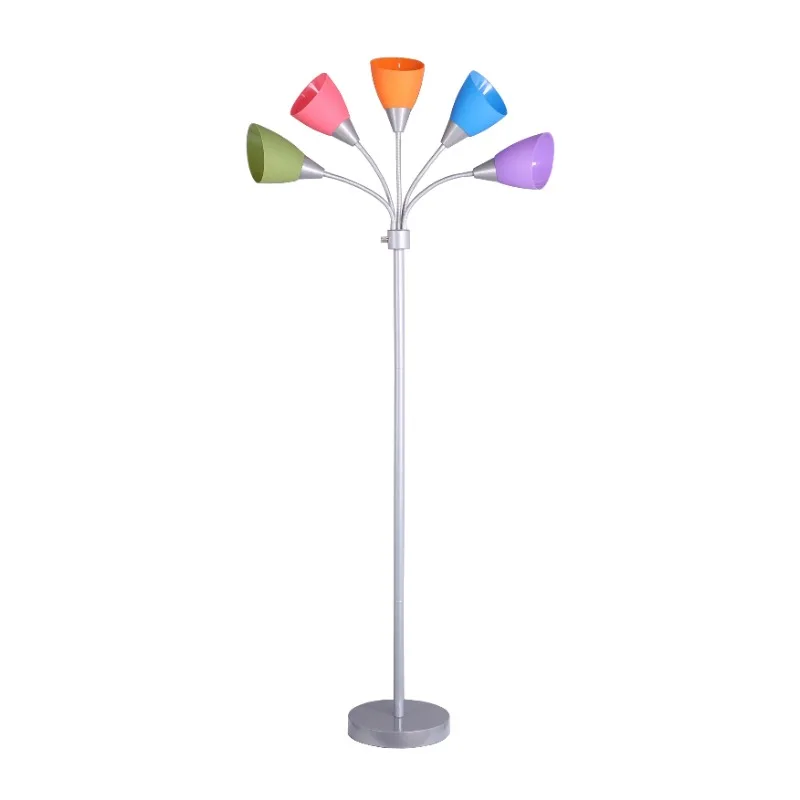 

5 Light Floor Lamp, Multi-Color Shades, Metal Silver Finish, Modern, Young Adult Use