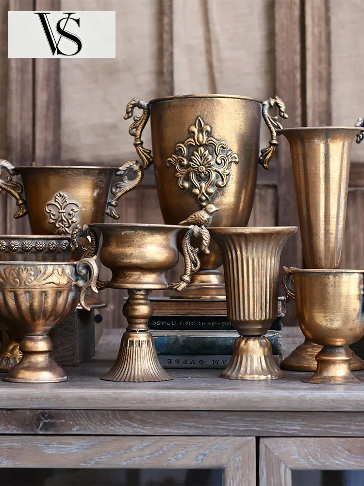Nordic Silver Decor Golden Chinese Flowers Goblet Pot Classical Decoration Salon Case Old Vintage Iron Vases Flower Room Home