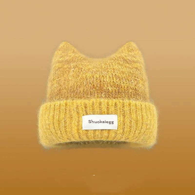 Winter Warm Knitted Beanie Hat for Women Cat Ear Design Fleece Lined Slouchy Cap Letter Pattern Y2K Streetwear for Daily Wear