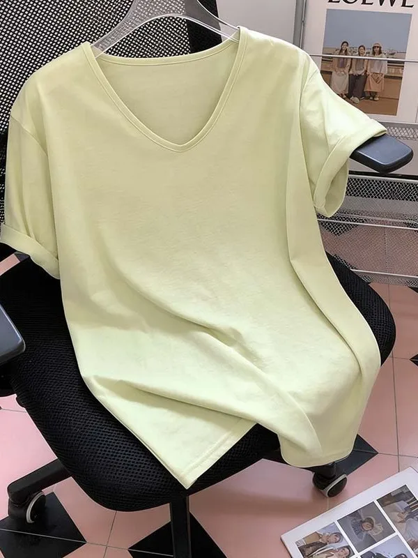 

plus Size Summer T-Shirt V-Neck Short Sleeve Loose Fit Pure Color Women's Fashionable Casual Top for Plump Ladies