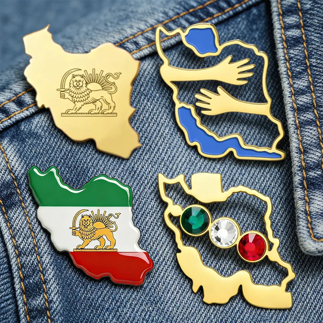 Dawapara Iran Map Shape Brooch Pins Iranian Flag Lion and Sun Persian Lapel Pin Accessories Stainless Steel Travel Gift