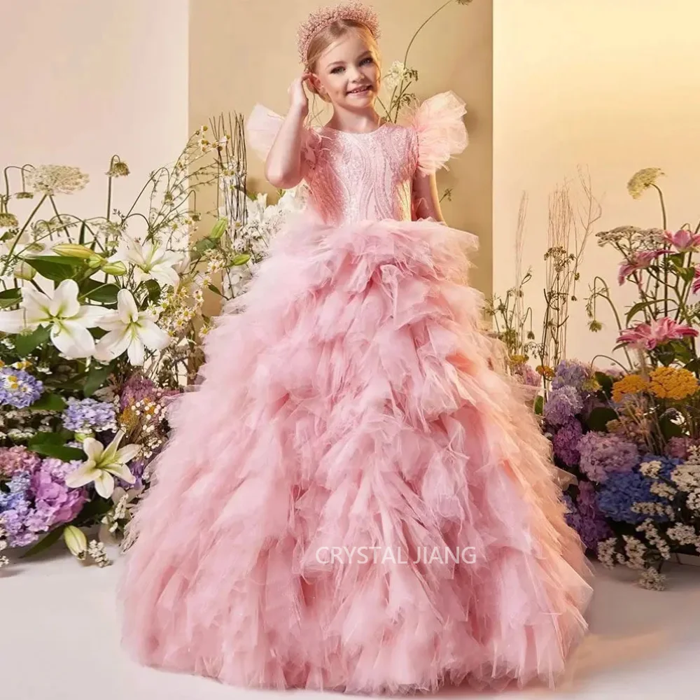 

Luxury Long Pink Beaded Tulle Flower Girl Dresses Sleeveless with Bow Ball Gown Floor Length Custom Made for Girls