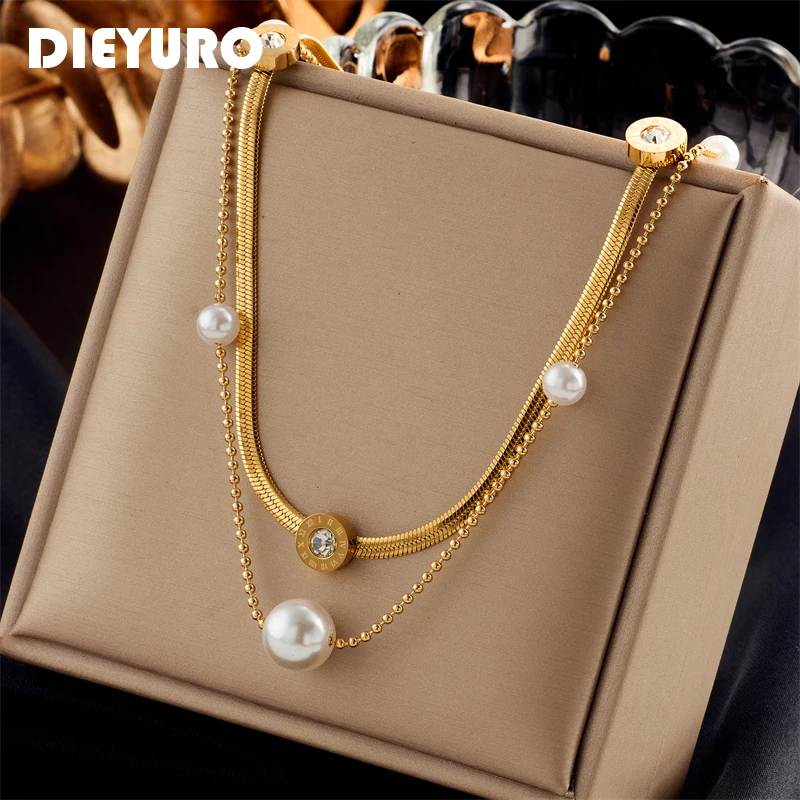 DIEYURO 316L Stainless Steel Roman Numeral Large Pearl Pendant Necklace For Women Fashion Girls 2in1 Clavicle Chain Jewelry Gift