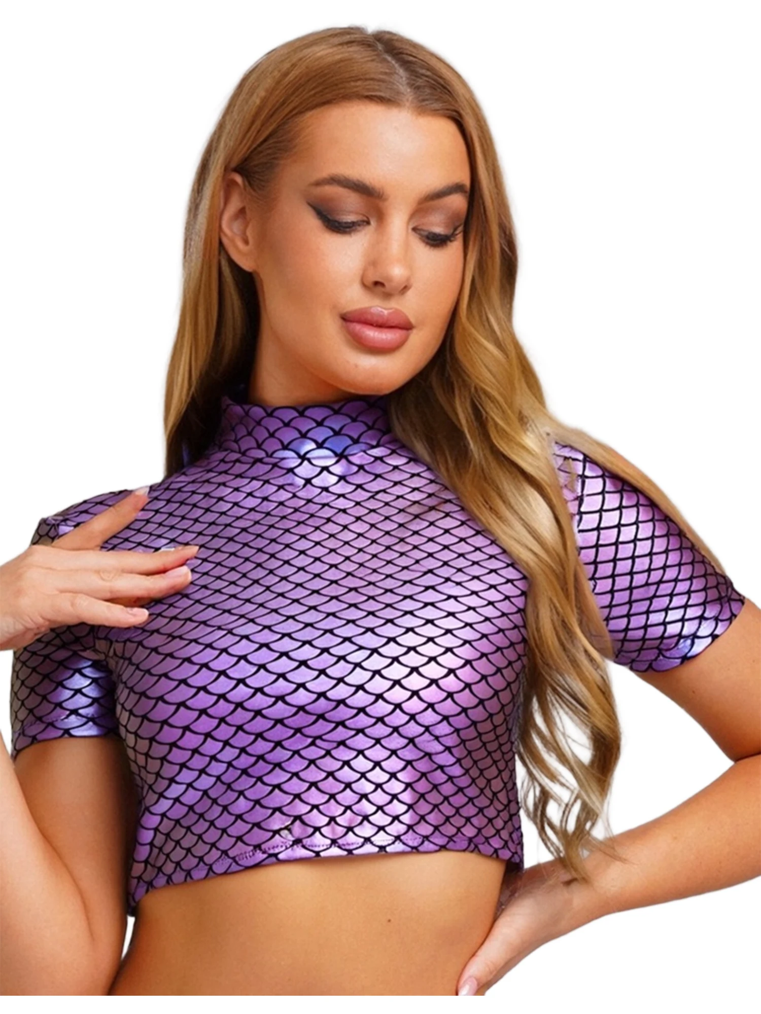 

Women Mermaid Role Play Crop Tops Summer Beach Pool Short Sleeve Crop T-shirt for Themed Party Halloween Cosplay Beachwear