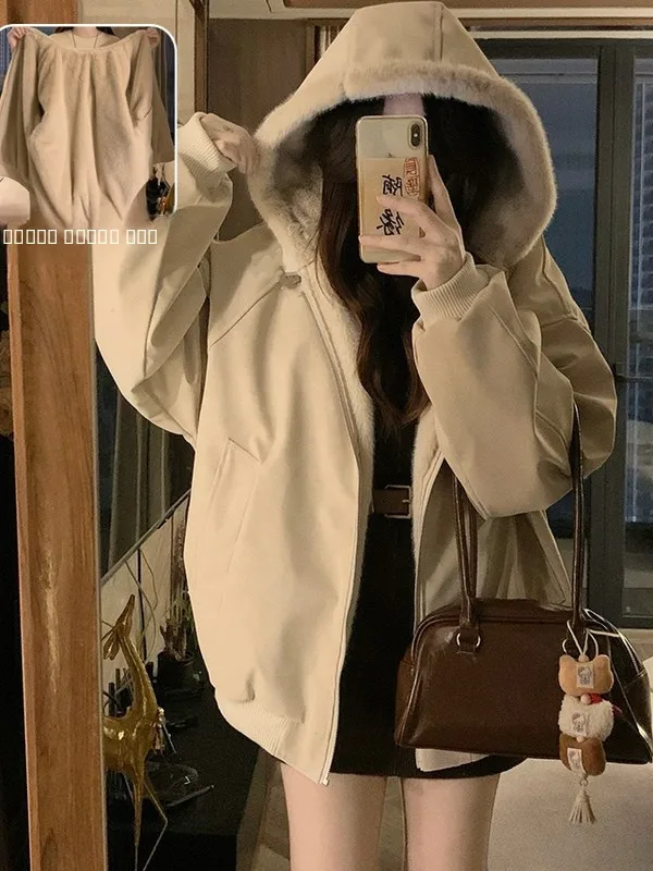 

Американское ретро-пальто из искусственной кожи с воротником из искусственного меха и капюшоном, женское зимнее утепленное хлопковое пальто, длинное, на молнии