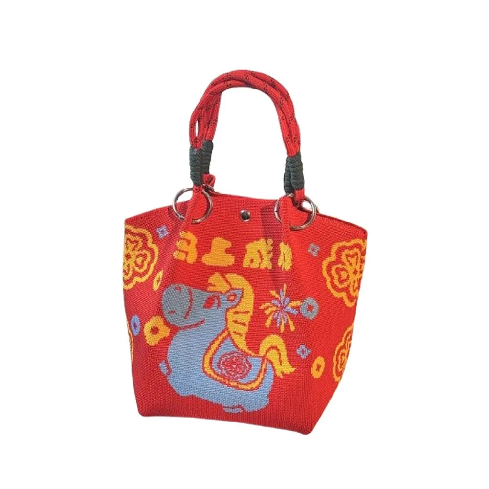 

Portable 2026 Horse Year New Year Gift Bag Chinese Style Cartoon Knitted Handbag Cute Handmade Bucket Bag Daily Use