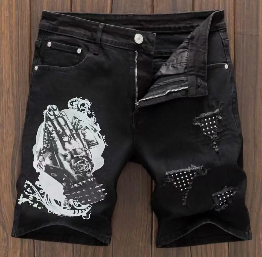 

Новые рваные джинсовые шорты в европейском и американском стиле в стиле ретро с пальмовым принтом.