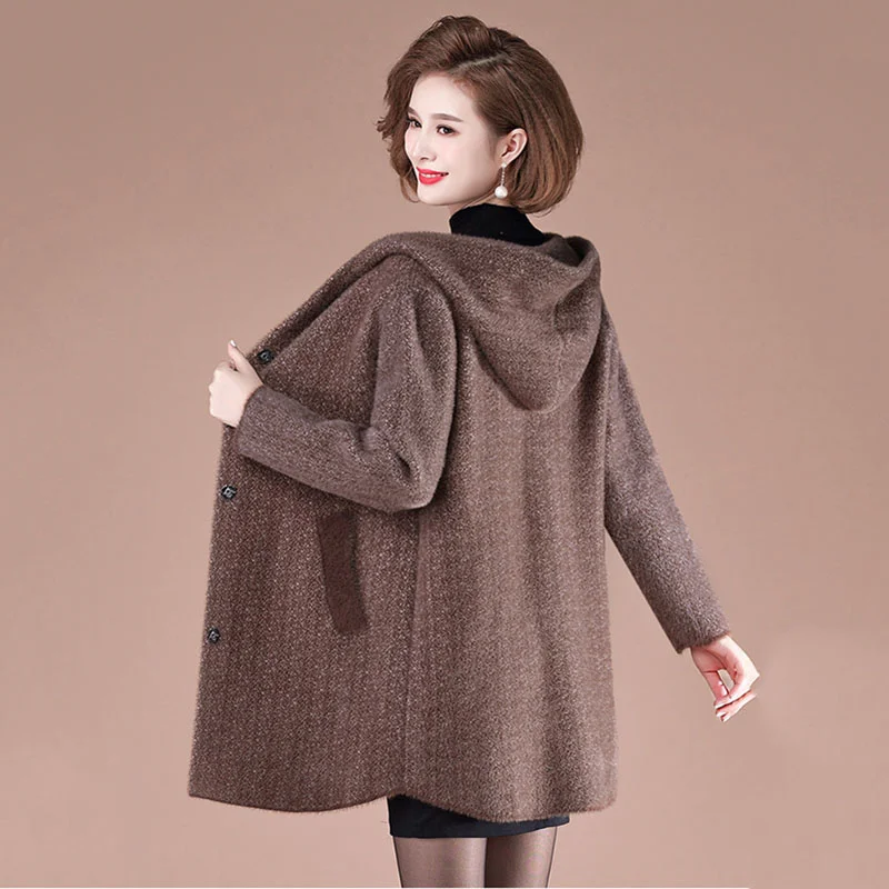 New 2022 Autumn Winter Mother\'s Imitation Mink Velvet Woolen Coat Women  Loose Middle-Aged Elderly Knitted Cardigan Women Jacket