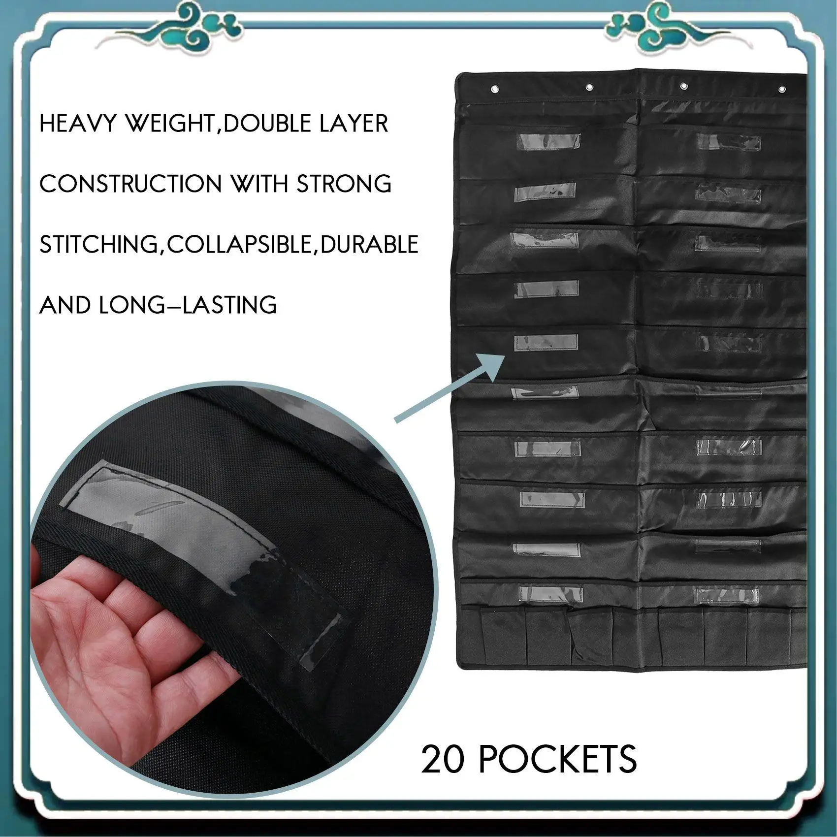 منظم ملفات معلق للباب مكون من 20 جيبًا مع علامة اسم، مخطط جيب للتخزين على الحائط باللون الأسود مع 4 شماعات، رائع للفصل الدراسي #3