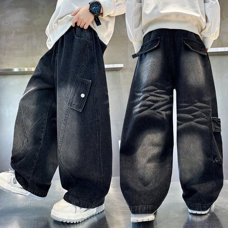 

Luxury Children New Style Baggy Jeans For Teen Boys Autumn Workwear Casual Denim Pants Loose Fit Black Trousers 5 6 8 10 12 14 Y