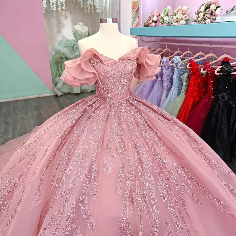 

Shiny Pink Quinceanera Dress off-shoulder Glitter Crystal Decal Long tail Bow vestidos de 15 Quinceanera ﻿Customized