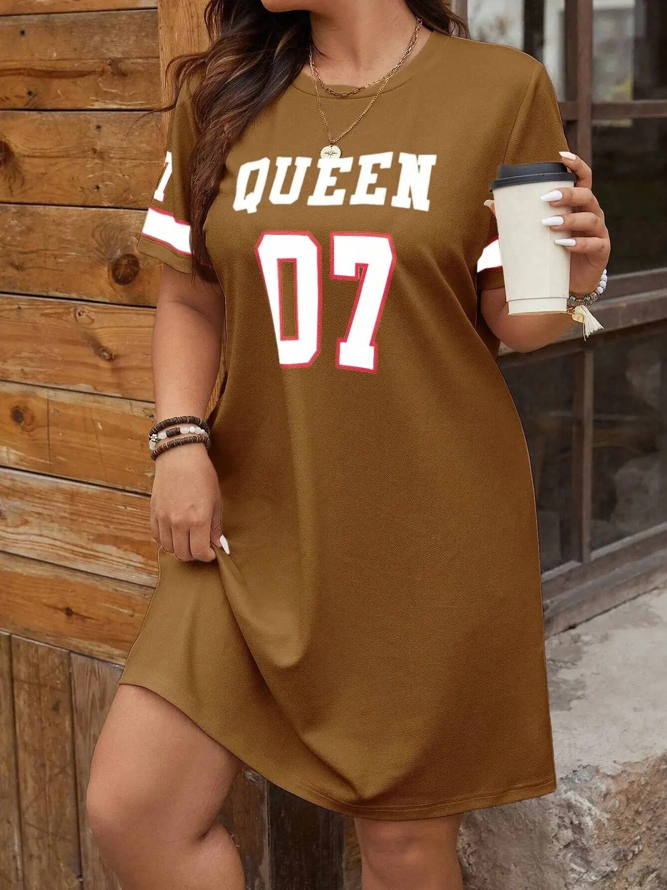 Plus Size Damen Sommermusik Festival Muster Sportlich Lässig Briefdruck Modisch 07 Bedrucktes loses T-Shirt Minikleid 1OH6