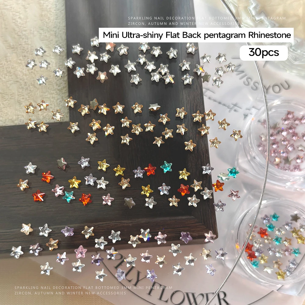 30 pièces 3mm étoiles scintillantes colorées Zircon pour décorations Nail Art étoiles en verre scintillant base plate strass brillants accessoires pour ongles à faire soi-même