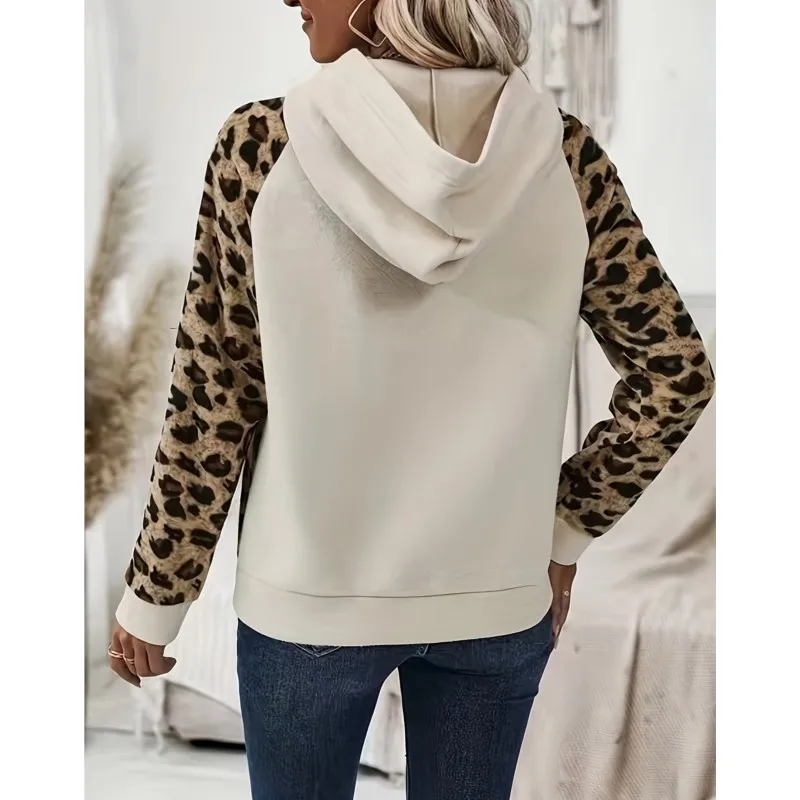 2025 Autumn New Leopard Print Hoodies Women Casual Loose Long Sleeve Half Open Collar Button Color Block Design Pullover Tops