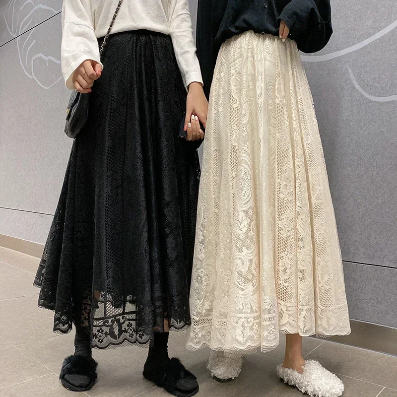 Elastic High Waist Lace Skirts Women Spring Summer Skirt 2024 Korean Elegant Casual A-line Black Apricot Long Maxi Skirts X091