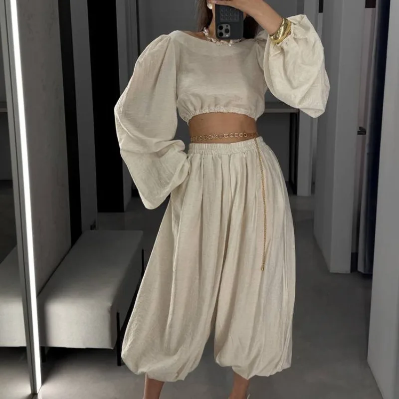 2026 Neues Damen 2-Teiliges Outfit Y2K Sommer Puffärmel Crop Top + Weite Hose Set Lässige Urlaubs-Loungewear Strandkleidung Streetwear – Detail 14