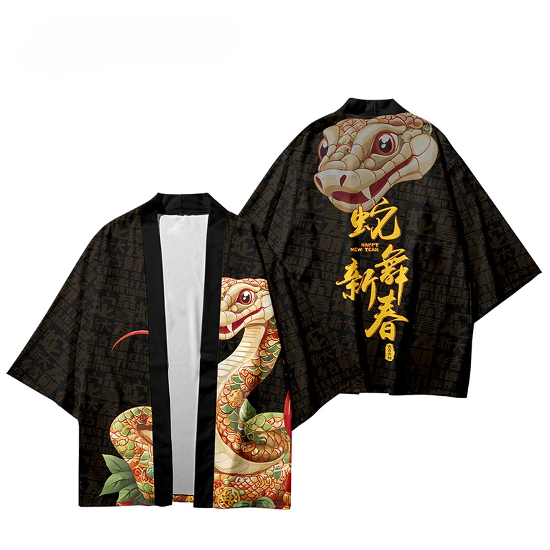 

Summer Beach Fashion Year of the Snake Print Cardigan Haori Casual Women Shirts Japanese Kimono Streetwear Men Tops Plus Size